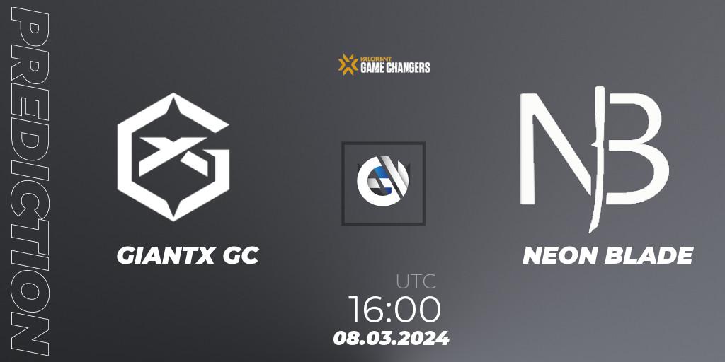 Pronósticos GIANTX GC - NEON BLADE. 08.03.2024 at 16:00. VCT 2024: Game Changers EMEA Stage 1 - VALORANT