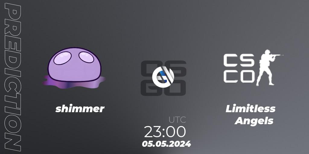 Pronósticos shimmer - Limitless Angels. 05.05.2024 at 23:10. ESL Impact Spring 2024 Cash Cup 3 North America - Counter-Strike (CS2)