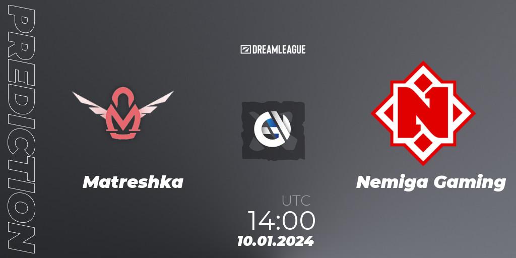 Pronósticos Matreshka - Nemiga Gaming. 10.01.2024 at 14:02. DreamLeague Season 22: Eastern Europe Open Qualifier #1 - Dota 2