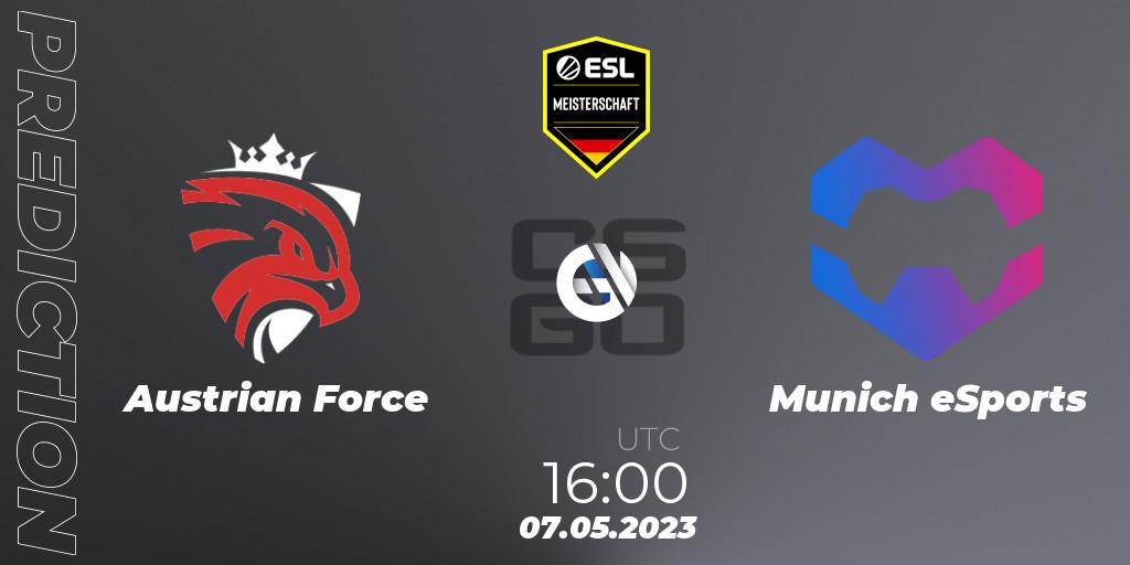 Pronósticos Austrian Force - Munich eSports. 07.05.2023 at 16:00. ESL Meisterschaft: Spring 2023 - Division 2 - Counter-Strike (CS2)