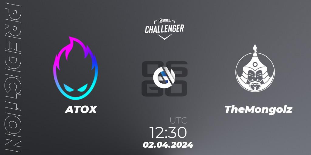 Pronósticos ATOX - TheMongolz. 02.04.2024 at 12:30. ESL Challenger #57: Asian Closed Qualifier - Counter-Strike (CS2)