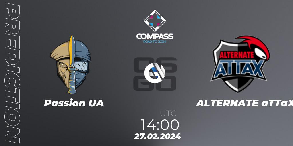 Pronósticos Passion UA - ALTERNATE aTTaX. 27.02.2024 at 14:00. YaLLa Compass Spring 2024 Contenders - Counter-Strike (CS2)