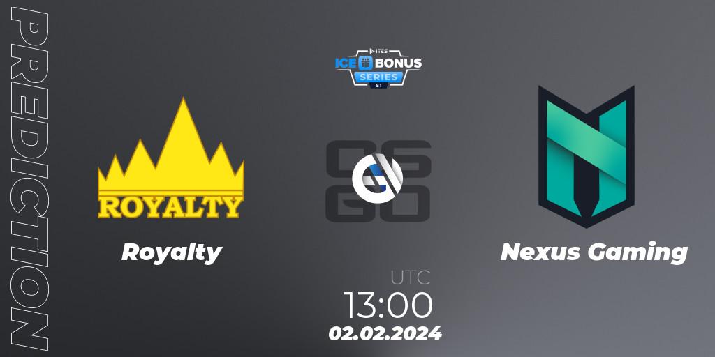 Pronósticos Royalty - Nexus Gaming. 02.02.2024 at 14:00. IceBonus Series #1 - Counter-Strike (CS2)