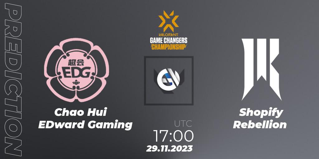 Pronósticos Chao Hui EDward Gaming - Shopify Rebellion. 29.11.2023 at 17:15. VCT 2023: Game Changers Championship - VALORANT