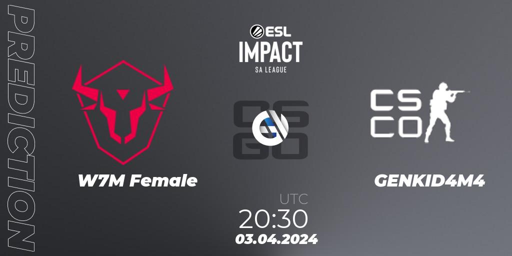 Pronósticos W7M Female - GENKID4M4. 03.04.2024 at 20:30. ESL Impact League Season 5: South America - Counter-Strike (CS2)