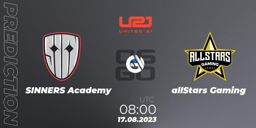 Pronósticos SINNERS Academy - allStars Gaming. 17.08.2023 at 08:00. United21 Season 5 - Counter-Strike (CS2)