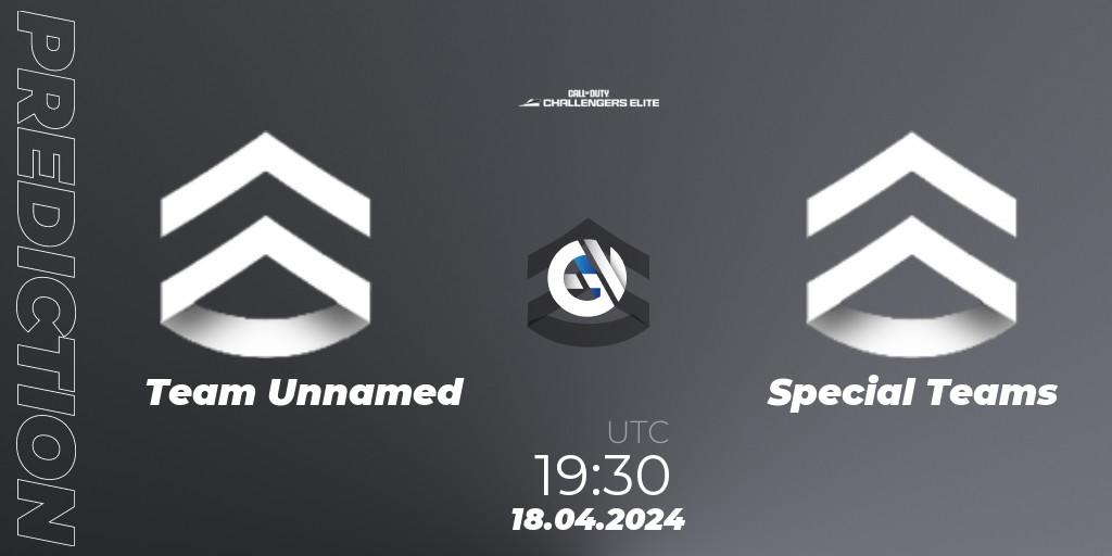 Pronósticos Team Unnamed - Special Teams. 18.04.2024 at 19:30. Call of Duty Challengers 2024 - Elite 2: EU - Call of Duty
