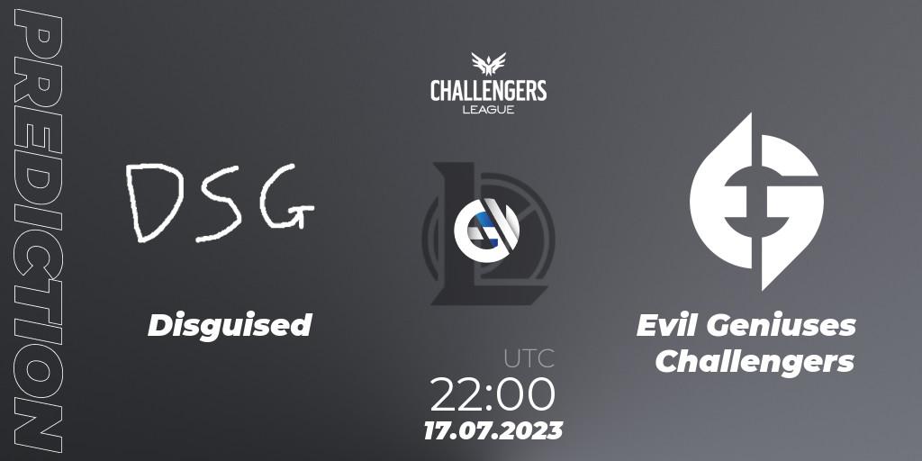 Pronósticos Disguised - Evil Geniuses Challengers. 17.06.2023 at 20:00. North American Challengers League 2023 Summer - Group Stage - LoL
