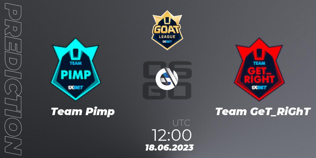 Pronósticos Team Pimp - Team GeT_RiGhT. 18.06.2023 at 12:00. 1xBet GOAT League 2023 Summer VACation - Counter-Strike (CS2)