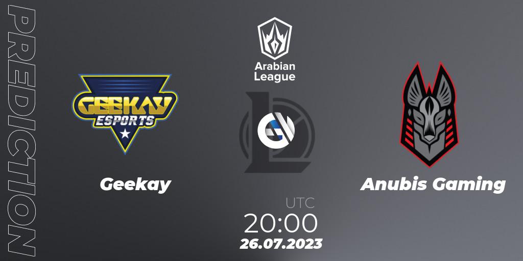 Pronósticos Geekay - Anubis Gaming. 26.07.2023 at 20:45. Arabian League Summer 2023 - Group Stage - LoL