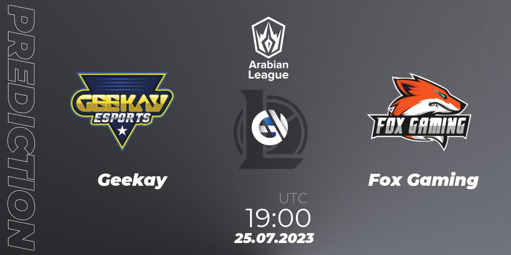 Pronósticos Geekay - Fox Gaming. 25.07.2023 at 20:00. Arabian League Summer 2023 - Group Stage - LoL