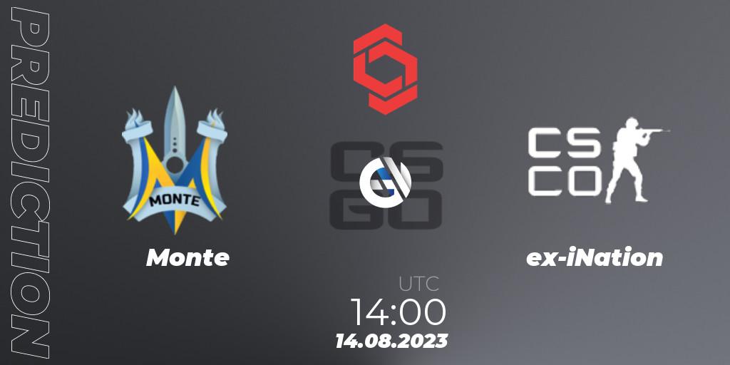 Pronósticos Monte - ex-iNation. 14.08.2023 at 15:10. CCT Central Europe Series #7 - Counter-Strike (CS2)