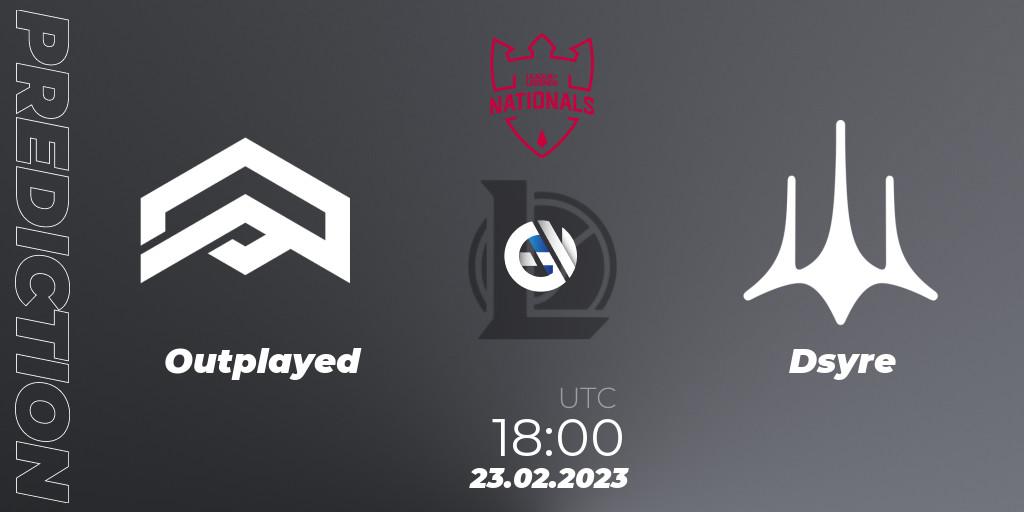 Pronósticos Outplayed - Dsyre. 23.02.2023 at 18:00. PG Nationals Spring 2023 - Group Stage - LoL
