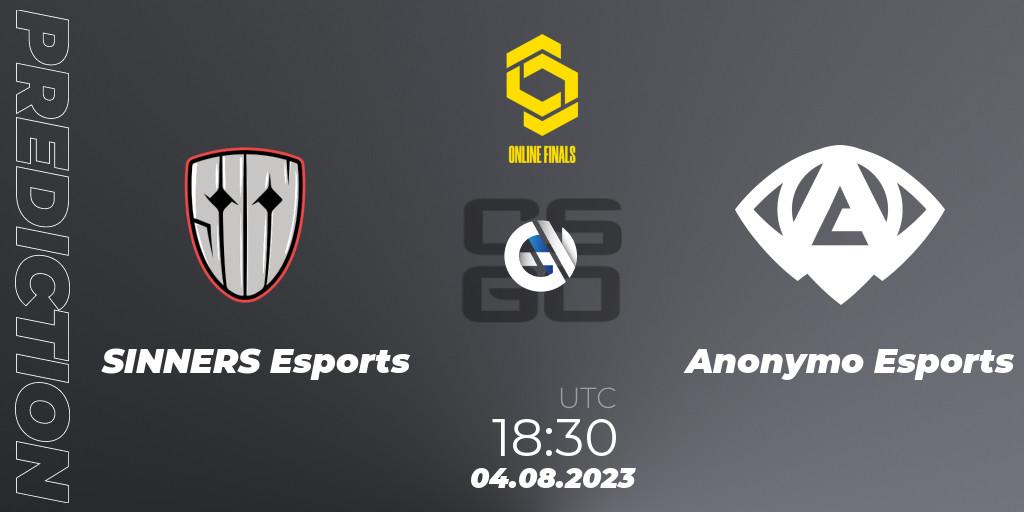 Pronósticos SINNERS Esports - Anonymo Esports. 04.08.2023 at 20:35. CCT 2023 Online Finals 2 - Counter-Strike (CS2)