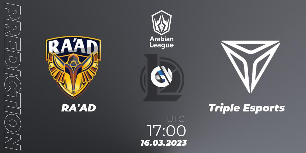 Pronósticos RA'AD - Triple Esports. 16.03.2023 at 17:00. Arabian League 2nd Division Spring 2023 - LoL