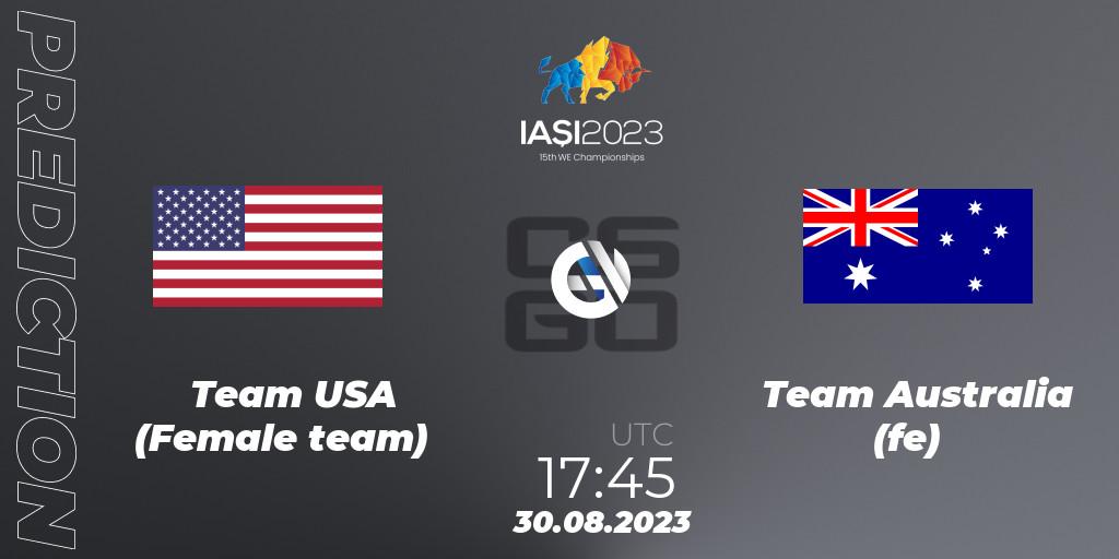 Pronósticos Team USA (Female team) - Team Australia (fe). 31.08.2023 at 10:20. IESF Female World Esports Championship 2023 - Counter-Strike (CS2)