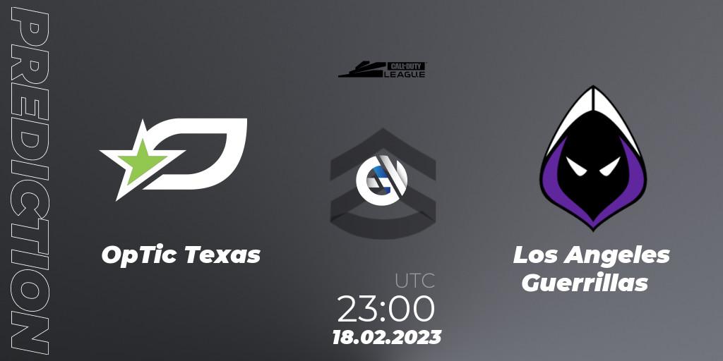 Pronósticos OpTic Texas - Los Angeles Guerrillas. 18.02.2023 at 23:30. Call of Duty League 2023: Stage 3 Major Qualifiers - Call of Duty