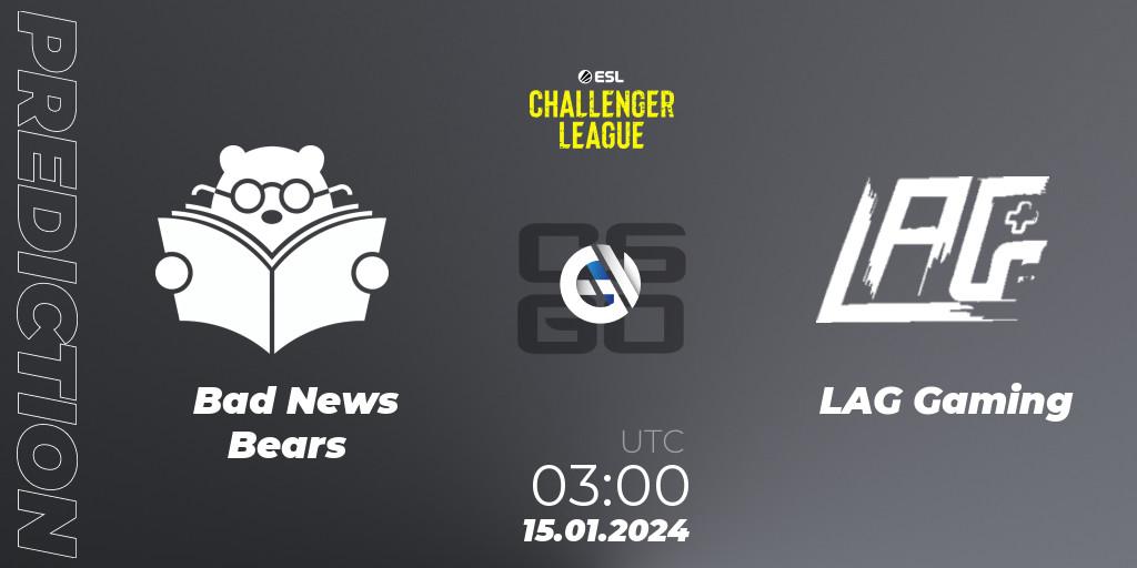 Pronósticos Bad News Bears - LAG Gaming. 15.01.24. ESL Challenger League Season 46 Relegation: North America - CS2 (CS:GO)