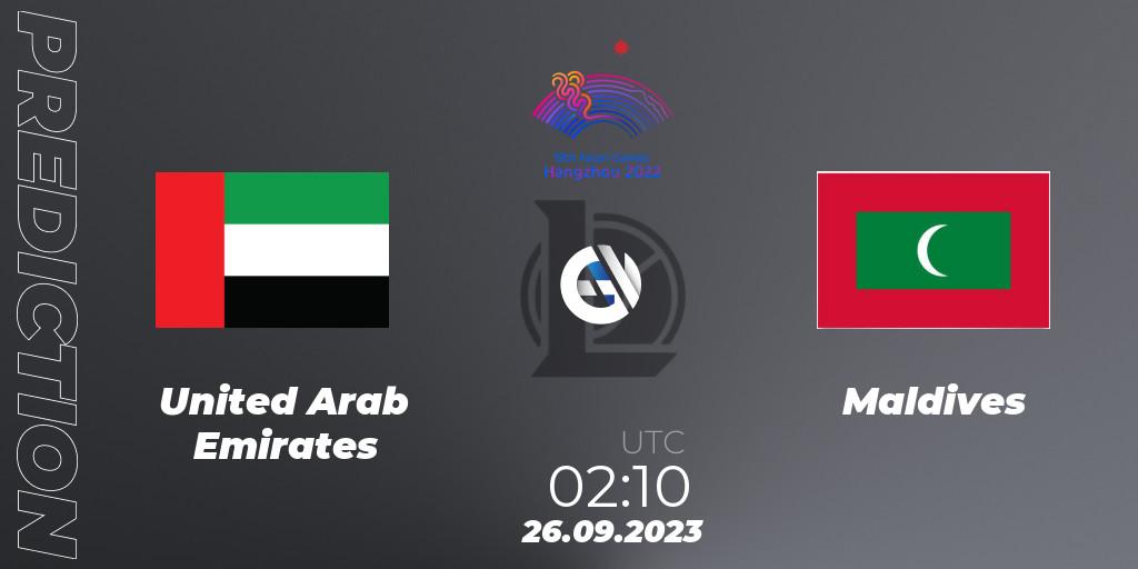 Pronósticos United Arab Emirates - Maldives. 26.09.2023 at 02:10. 2022 Asian Games - LoL