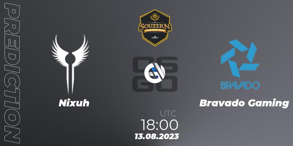 Pronósticos Nixuh - Bravado Gaming. 13.08.2023 at 18:00. SOUZERN Championship Series Season 1 - Counter-Strike (CS2)