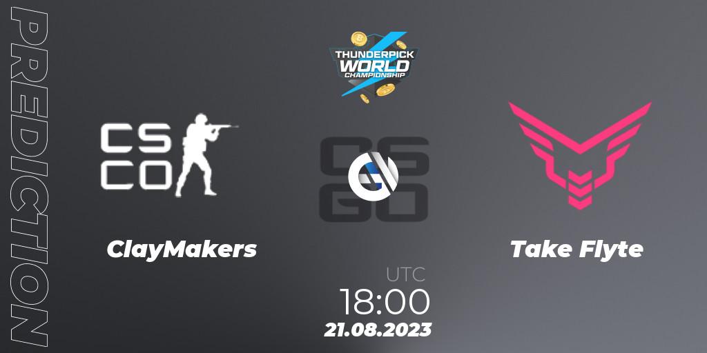 Pronósticos ClayMakers - Take Flyte. 21.08.2023 at 18:20. Thunderpick World Championship 2023: North American Qualifier #2 - Counter-Strike (CS2)