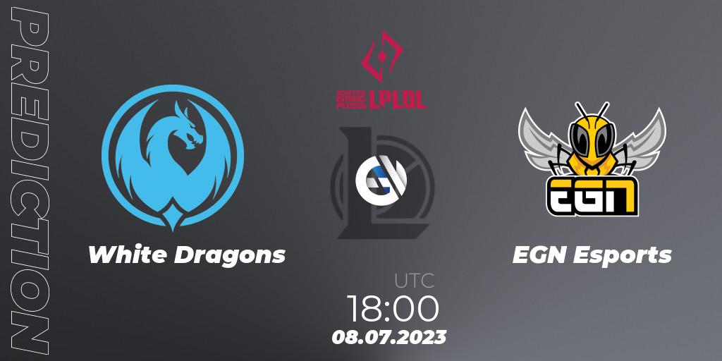 Pronósticos White Dragons - EGN Esports. 16.06.2023 at 18:00. LPLOL Split 2 2023 - Group Stage - LoL