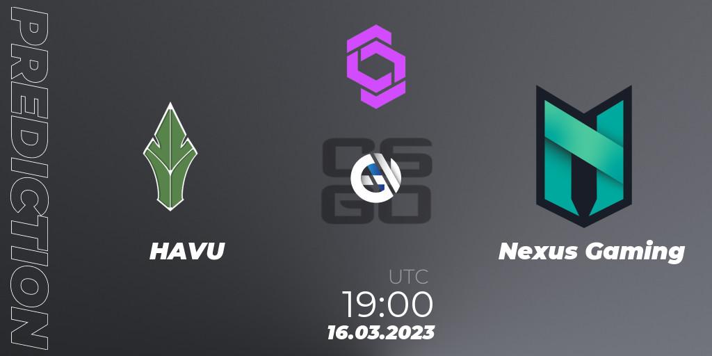 Pronósticos HAVU - Nexus Gaming. 16.03.2023 at 19:50. CCT West Europe Series #2 - Counter-Strike (CS2)