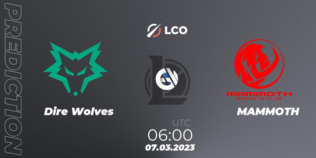 Pronósticos Dire Wolves - MAMMOTH. 07.03.2023 at 06:20. LCO Split 1 2023 - Group Stage - LoL
