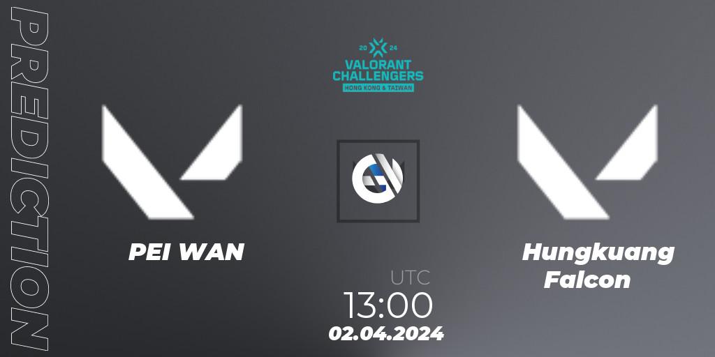 Pronósticos PEI WAN - Hungkuang Falcon. 02.04.2024 at 13:00. VALORANT Challengers Hong Kong and Taiwan 2024: Split 1 - VALORANT