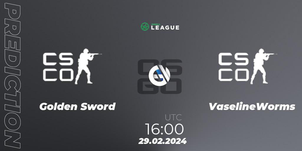 Pronósticos Golden Sword - VaselineWorms. 29.02.2024 at 16:00. ESEA Season 48: Advanced Division - Europe - Counter-Strike (CS2)