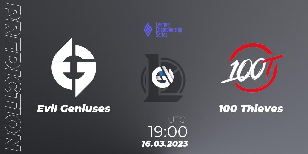 Pronósticos Evil Geniuses - 100 Thieves. 15.02.2023 at 22:00. LCS Spring 2023 - Group Stage - LoL