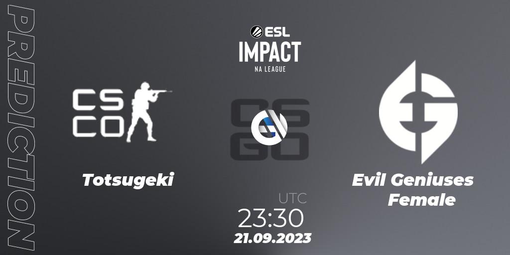 Pronósticos Totsugeki - Evil Geniuses Female. 21.09.2023 at 23:30. ESL Impact League Season 4: North American Division - Counter-Strike (CS2)