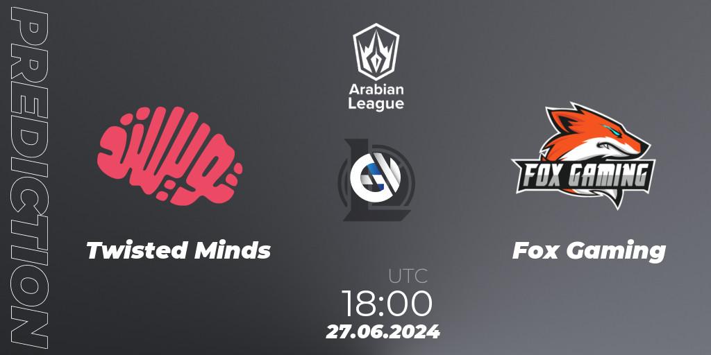 Pronósticos Twisted Minds - Fox Gaming. 26.06.2024 at 21:00. Arabian League Summer 2024 - LoL