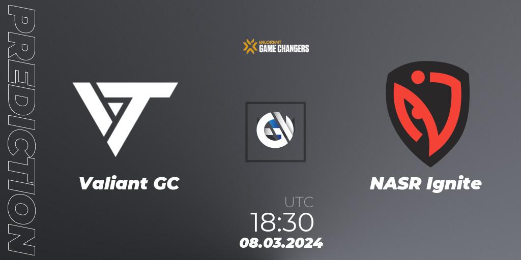 Pronósticos Valiant GC - NASR Ignite. 08.03.2024 at 18:00. VCT 2024: Game Changers EMEA Stage 1 - VALORANT