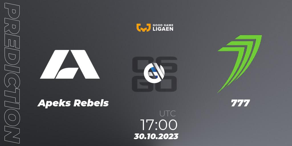 Pronósticos Apeks Rebels - 777. 30.10.2023 at 17:00. Good Game-ligaen Fall 2023: Regular Season - Counter-Strike (CS2)
