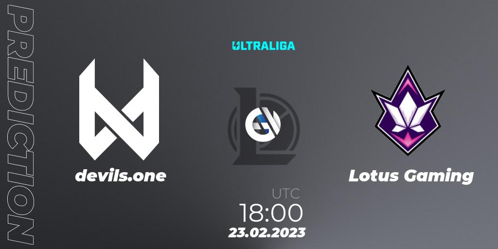 Pronósticos devils.one - Lotus Gaming. 23.02.2023 at 18:00. Ultraliga 2nd Division Season 6 - LoL