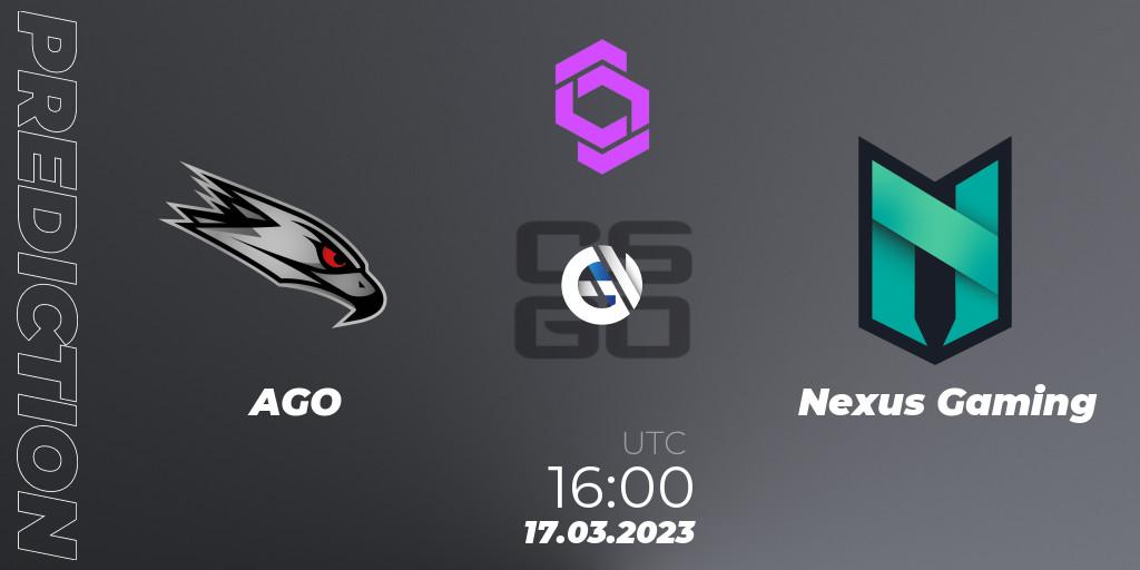 Pronósticos AGO - Nexus Gaming. 17.03.2023 at 16:40. CCT West Europe Series #2 - Counter-Strike (CS2)