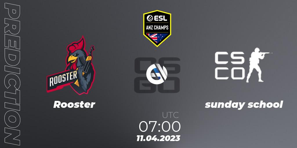 Pronósticos Rooster - sunday school. 11.04.2023 at 08:00. ESL ANZ Champs Season 16 - Counter-Strike (CS2)