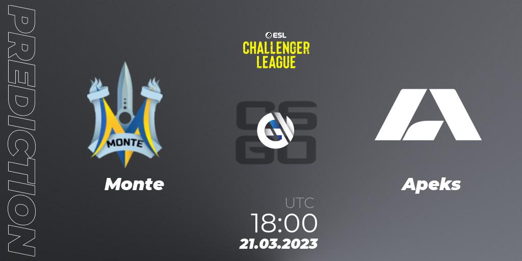 Pronósticos Monte - Apeks. 21.03.23. ESL Challenger League Season 44: Europe - CS2 (CS:GO)