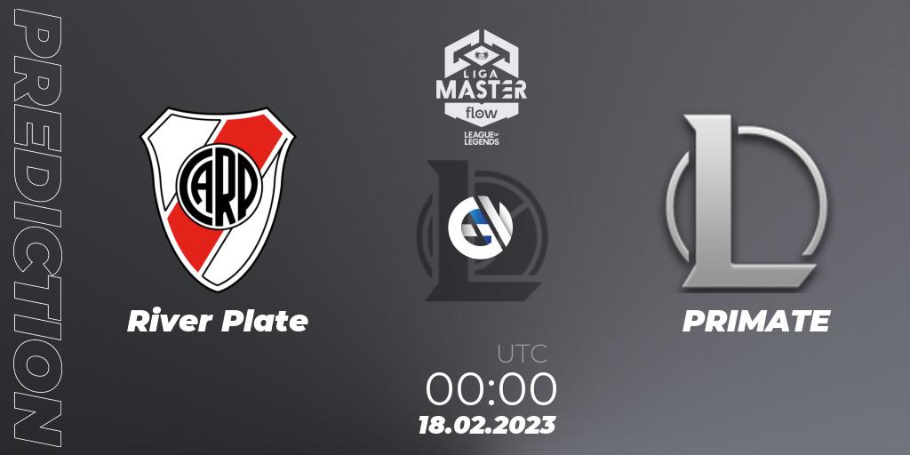 Pronósticos River Plate - PRIMATE. 18.02.2023 at 00:00. Liga Master Opening 2023 - Group Stage - LoL