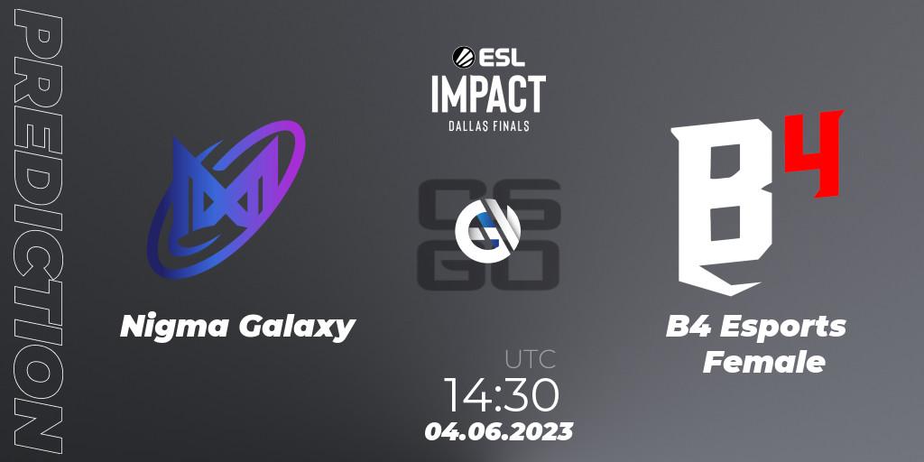 Pronósticos Nigma Galaxy - B4 Esports Female. 04.06.2023 at 14:30. ESL Impact League Season 3 - Counter-Strike (CS2)