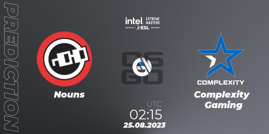 Pronósticos Nouns - Complexity Gaming. 25.08.2023 at 02:30. IEM Sydney 2023 North America Closed Qualifier - Counter-Strike (CS2)