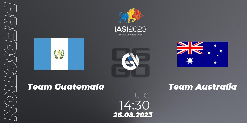 Pronósticos Team Guatemala - Team Australia. 26.08.2023 at 17:30. IESF World Esports Championship 2023 - Counter-Strike (CS2)