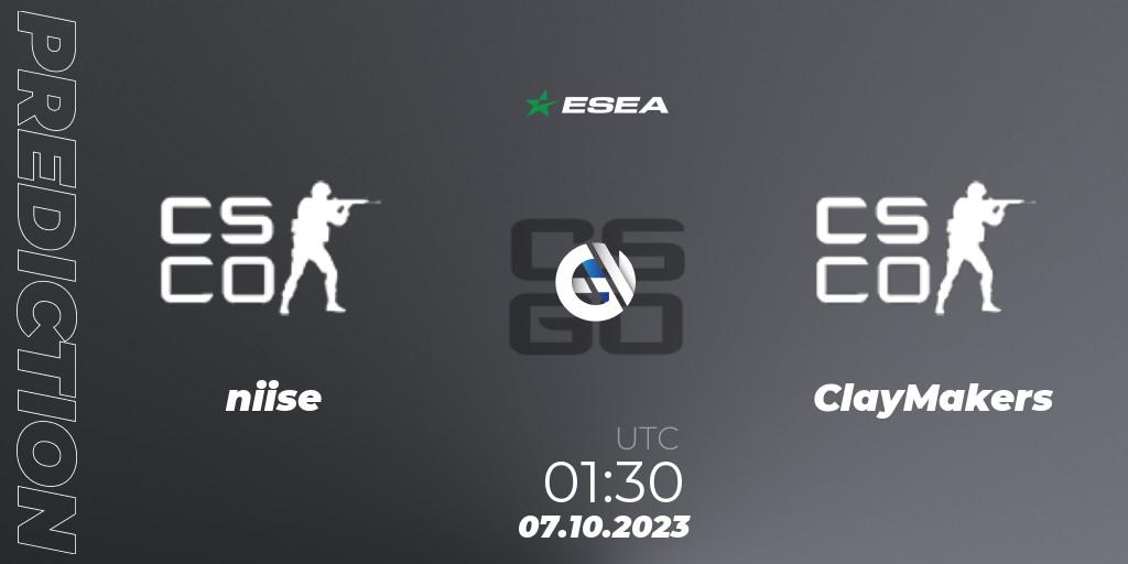 Pronósticos niise - ClayMakers. 07.10.2023 at 00:35. ESEA Advanced Season 46 North America - Counter-Strike (CS2)