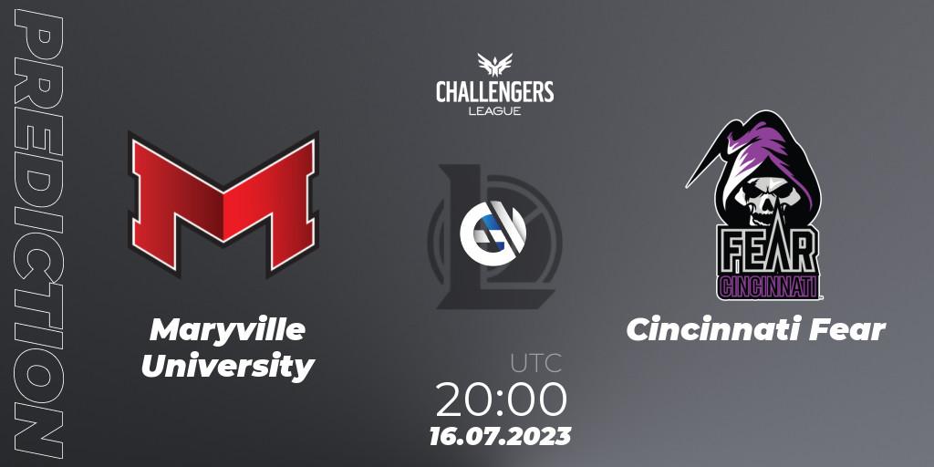 Pronósticos Maryville University - Cincinnati Fear. 16.07.2023 at 20:00. North American Challengers League 2023 Summer - Group Stage - LoL