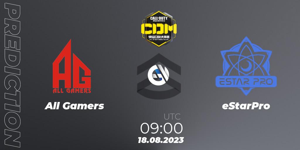 Pronósticos All Gamers - eStarPro. 18.08.2023 at 09:00. China Masters 2023 S6 - Stage 2 - Call of Duty