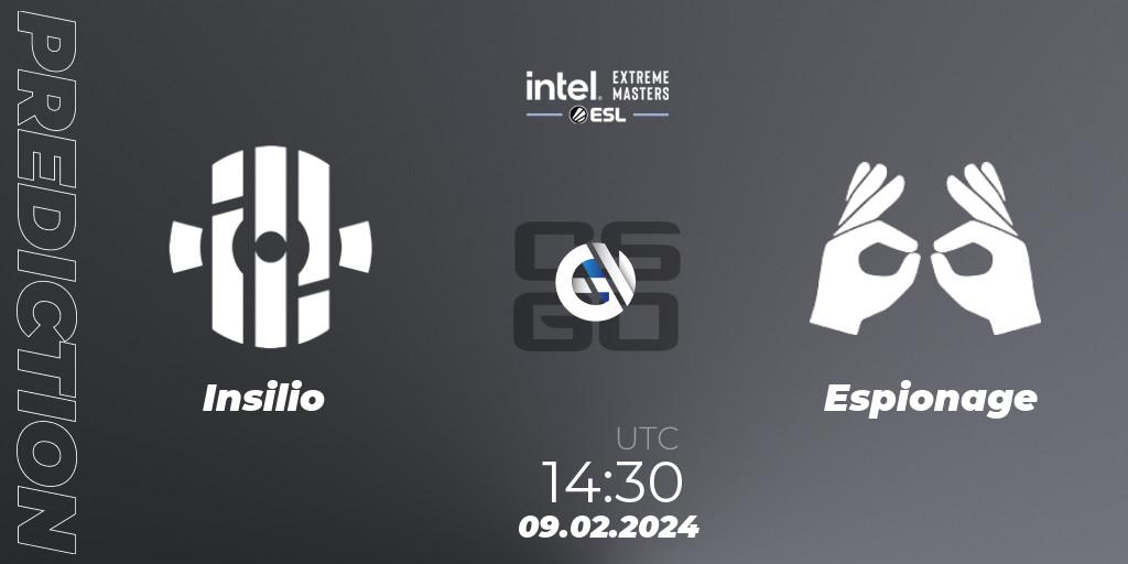 Pronósticos Insilio - Espionage. 09.02.2024 at 14:30. Intel Extreme Masters China 2024: European Closed Qualifier - Counter-Strike (CS2)