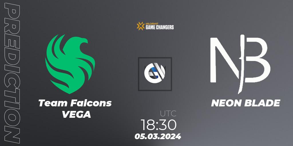 Pronósticos Team Falcons VEGA - NEON BLADE. 05.03.2024 at 18:30. VCT 2024: Game Changers EMEA Stage 1 - VALORANT