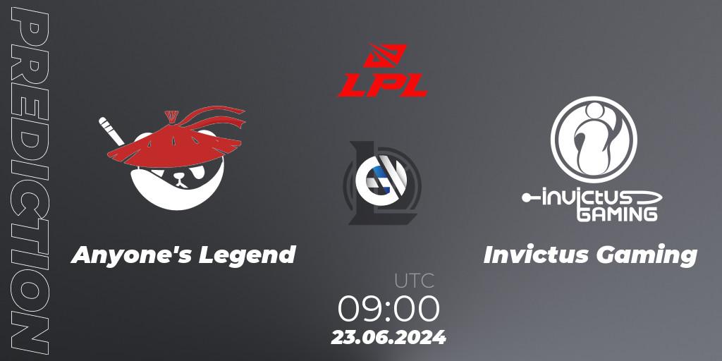 Pronósticos Anyone's Legend - Invictus Gaming. 23.06.2024 at 09:00. LPL 2024 Summer - Group Stage - LoL