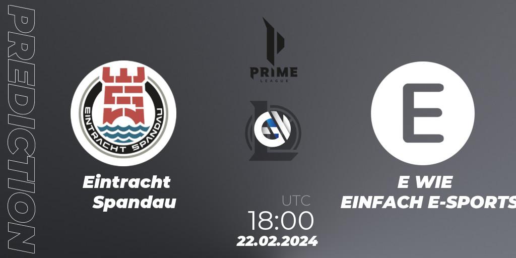 Pronósticos Eintracht Spandau - E WIE EINFACH E-SPORTS. 24.01.2024 at 19:00. Prime League Spring 2024 - Group Stage - LoL